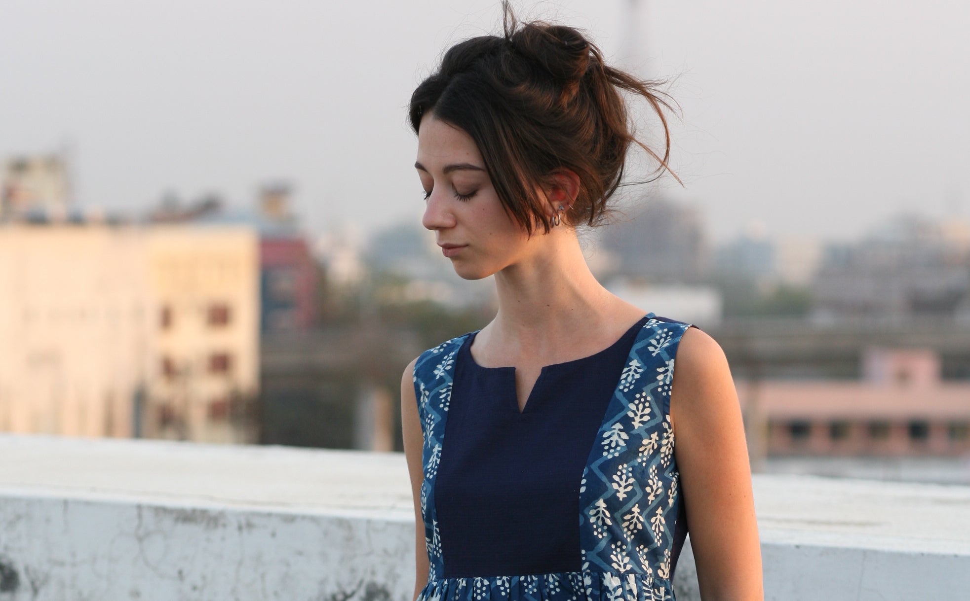 Mehera Shaw tunic top in hand block printed indigo cotton