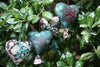 Upcycled fabric heart ornaments in hand block printed organic cotton