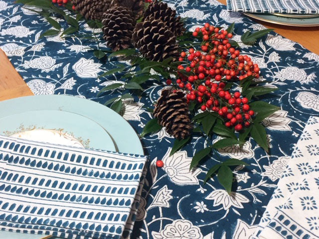 Table Runner in Teal Floral Block Print