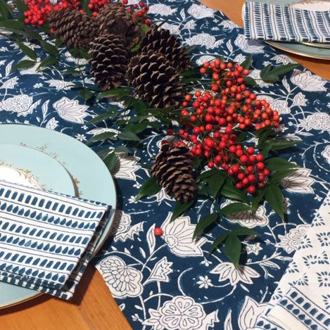 Table Runner in Teal Floral Block Print
