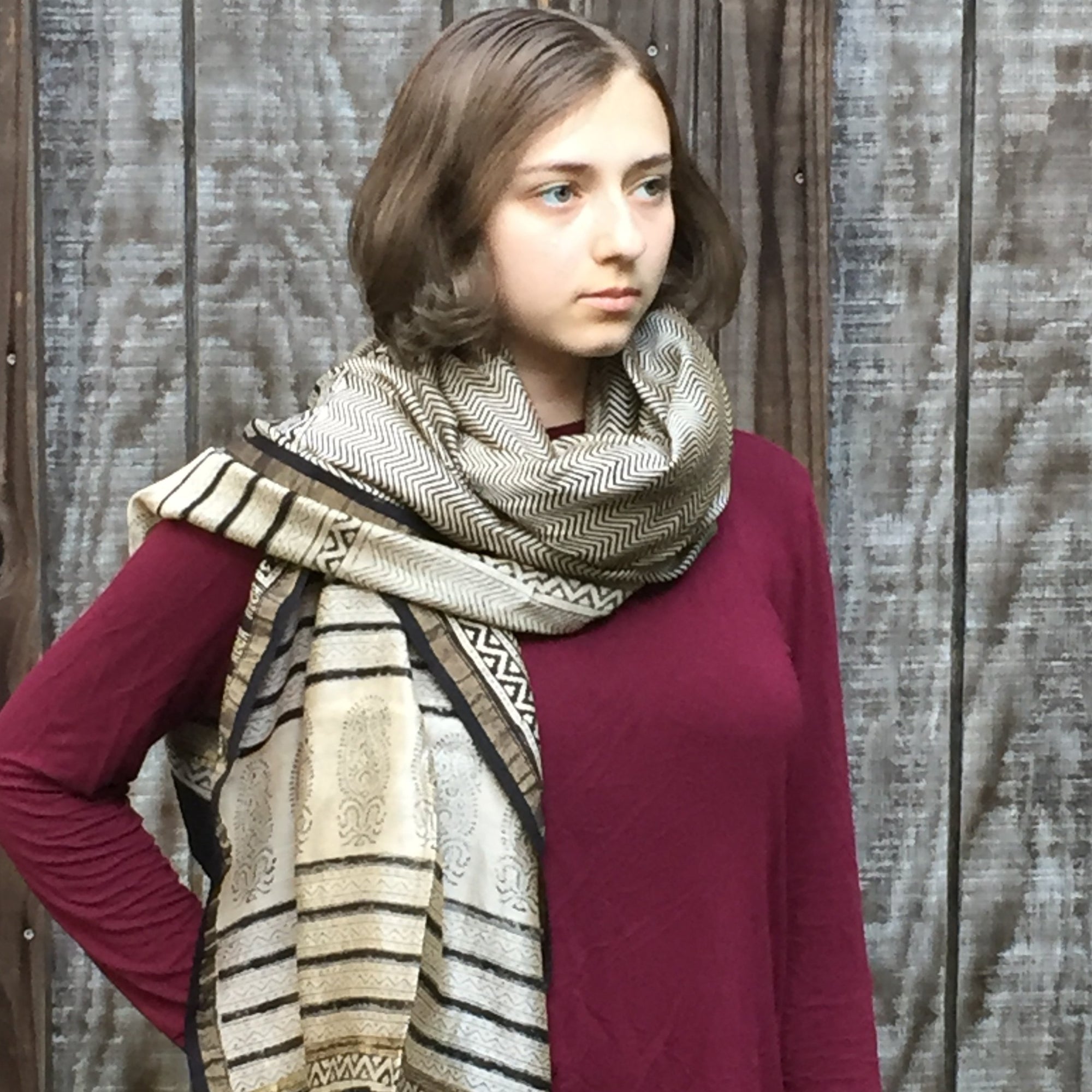 dupatta scarf in hand block printed cotton silk blend, fair trade