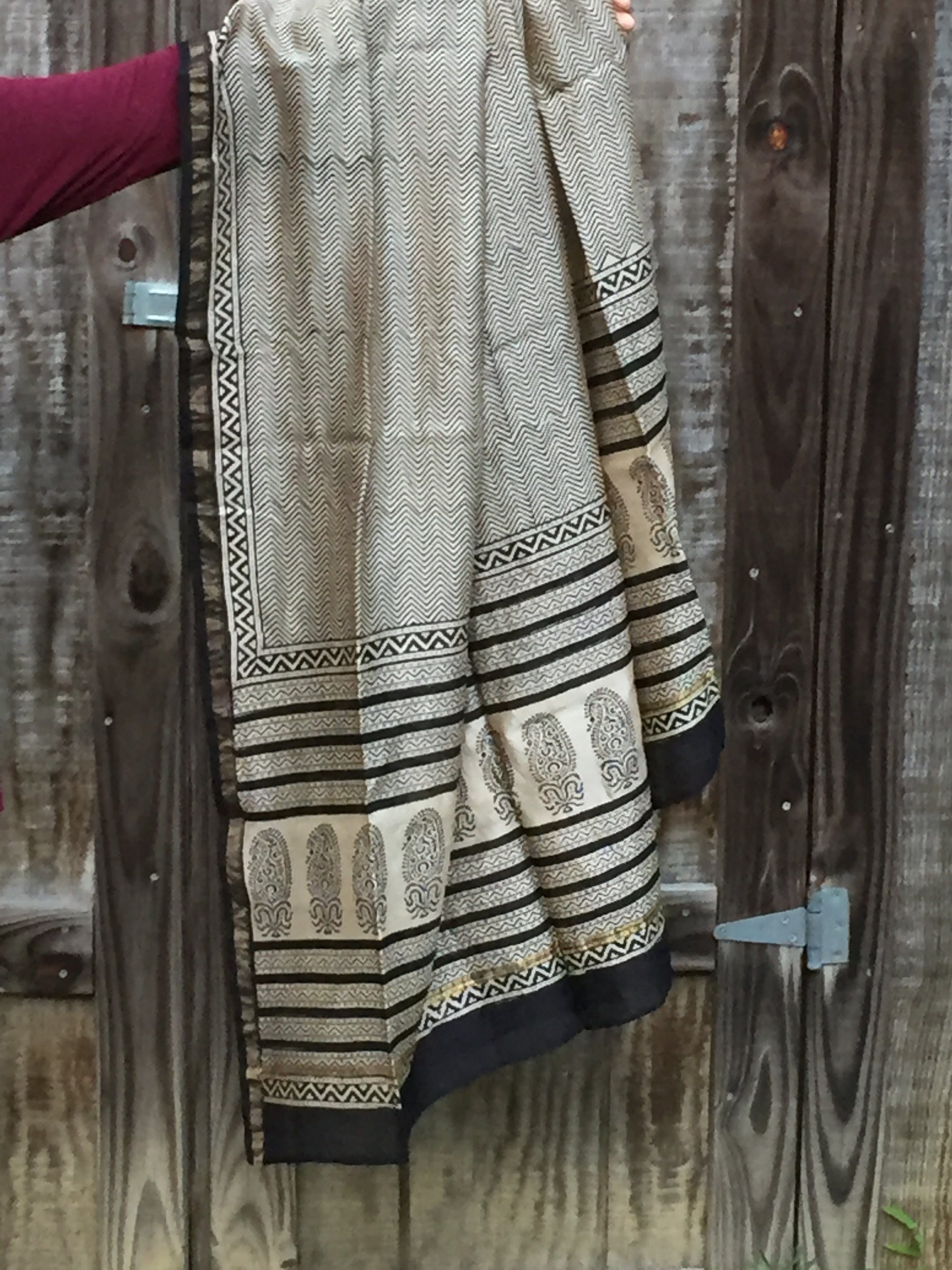 Scarf Wrap in Hand Block Printed Cotton Silk - Zig Zag Print