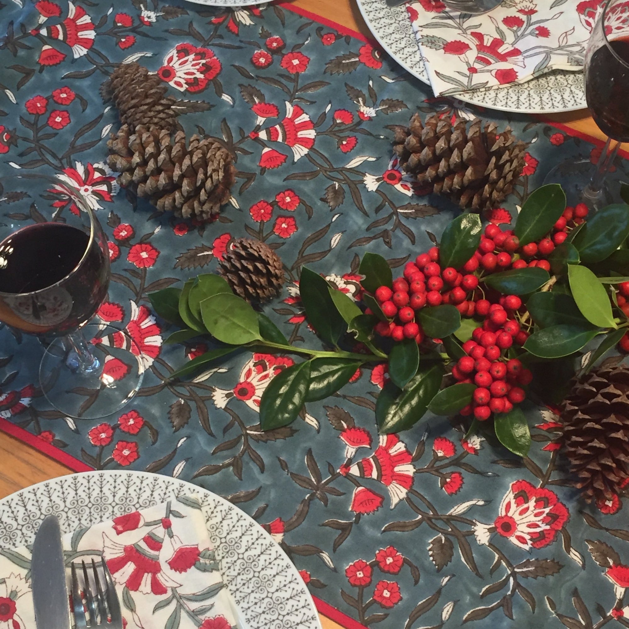 Table Runner in Holly Teal Block Print