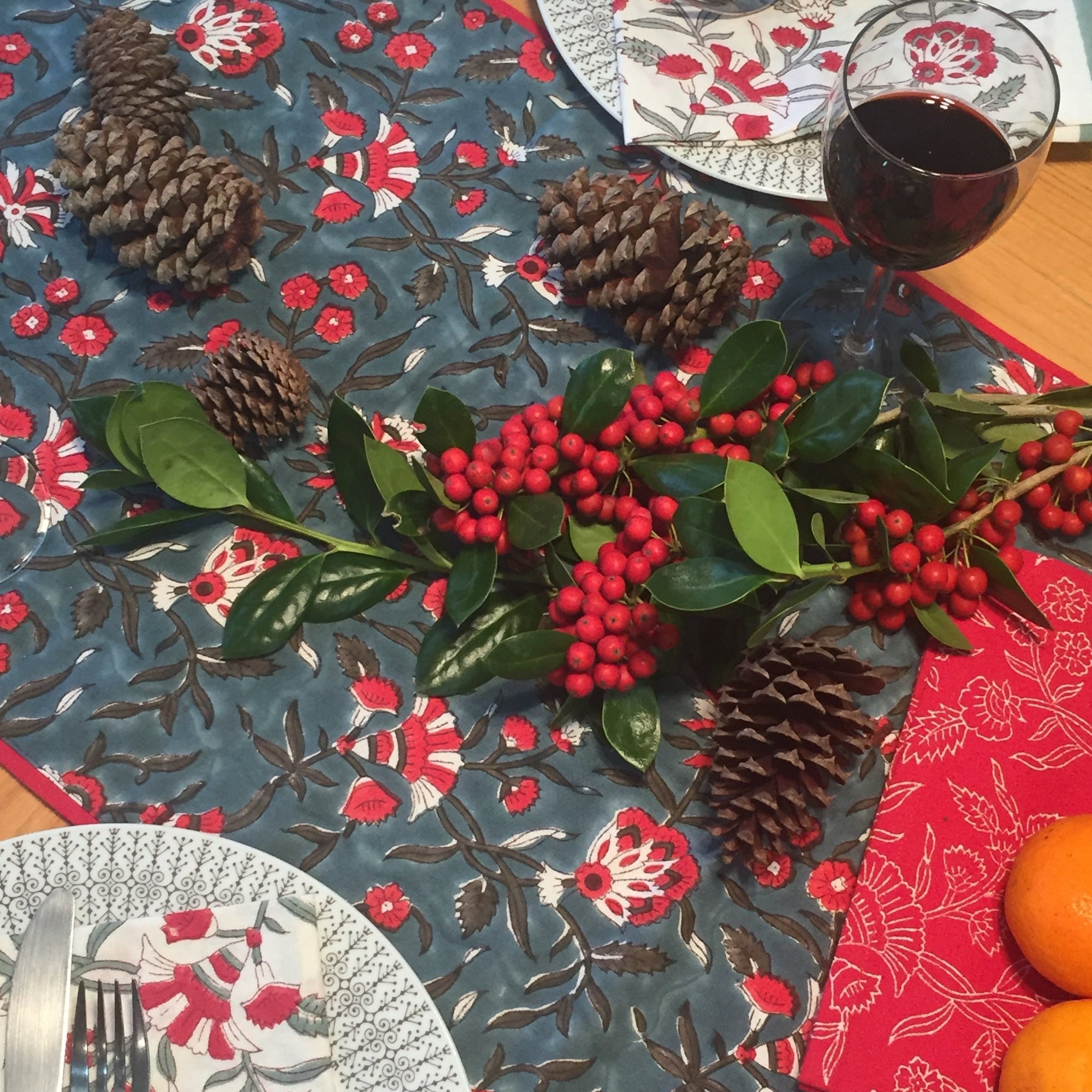 Table Runner in Holly Teal Block Print