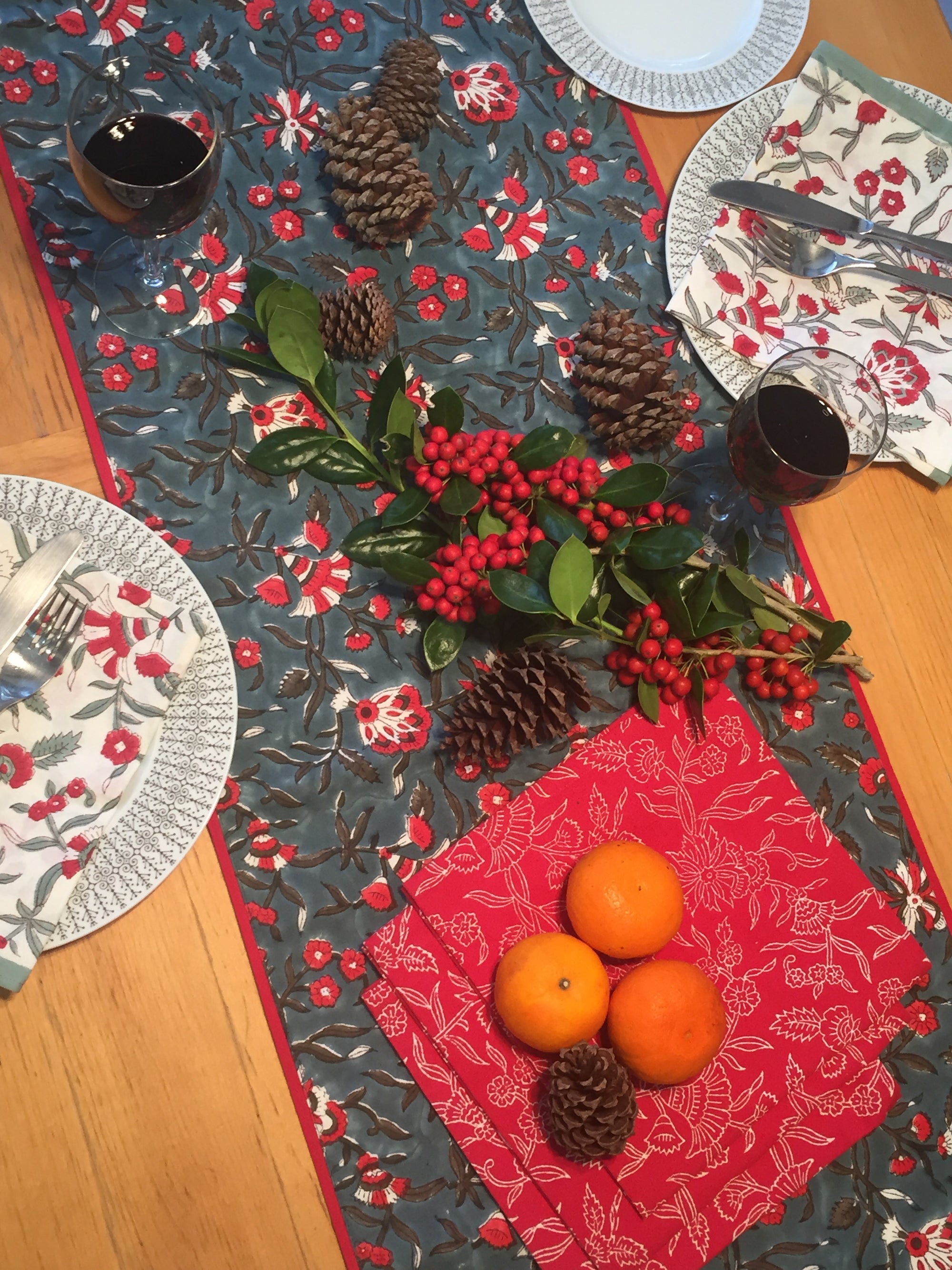 Table Runner in Holly Teal Block Print
