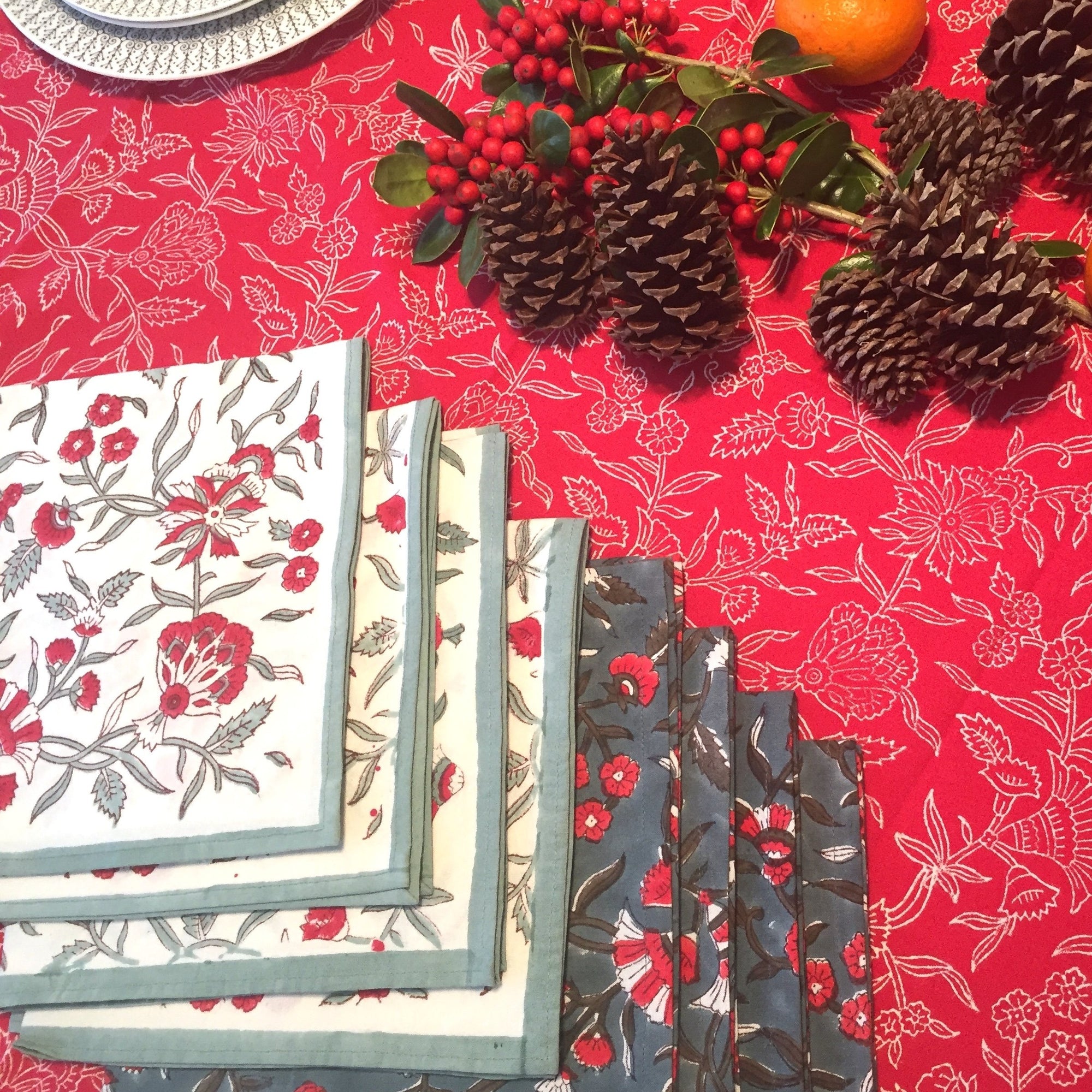 Napkin Set in Block Printed Organic Cotton -Holly Print