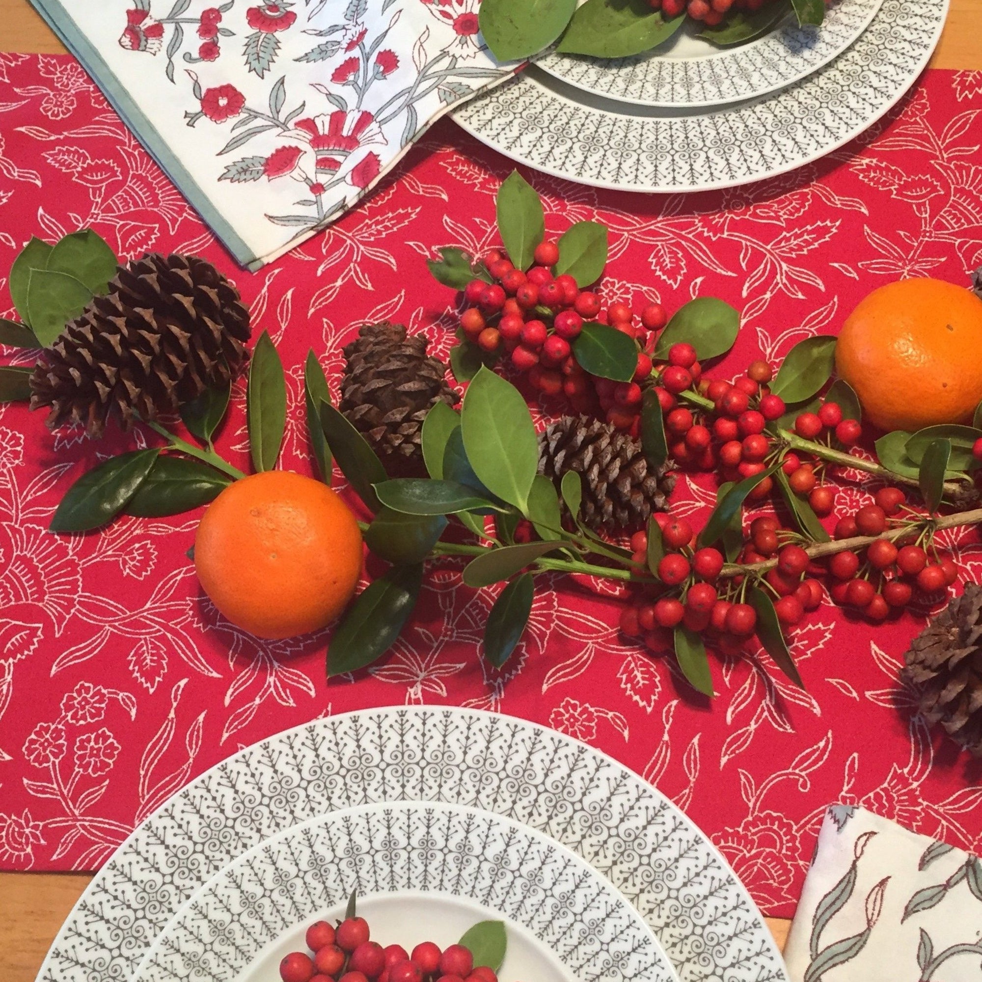 Table Runner in Holly Red Block Print