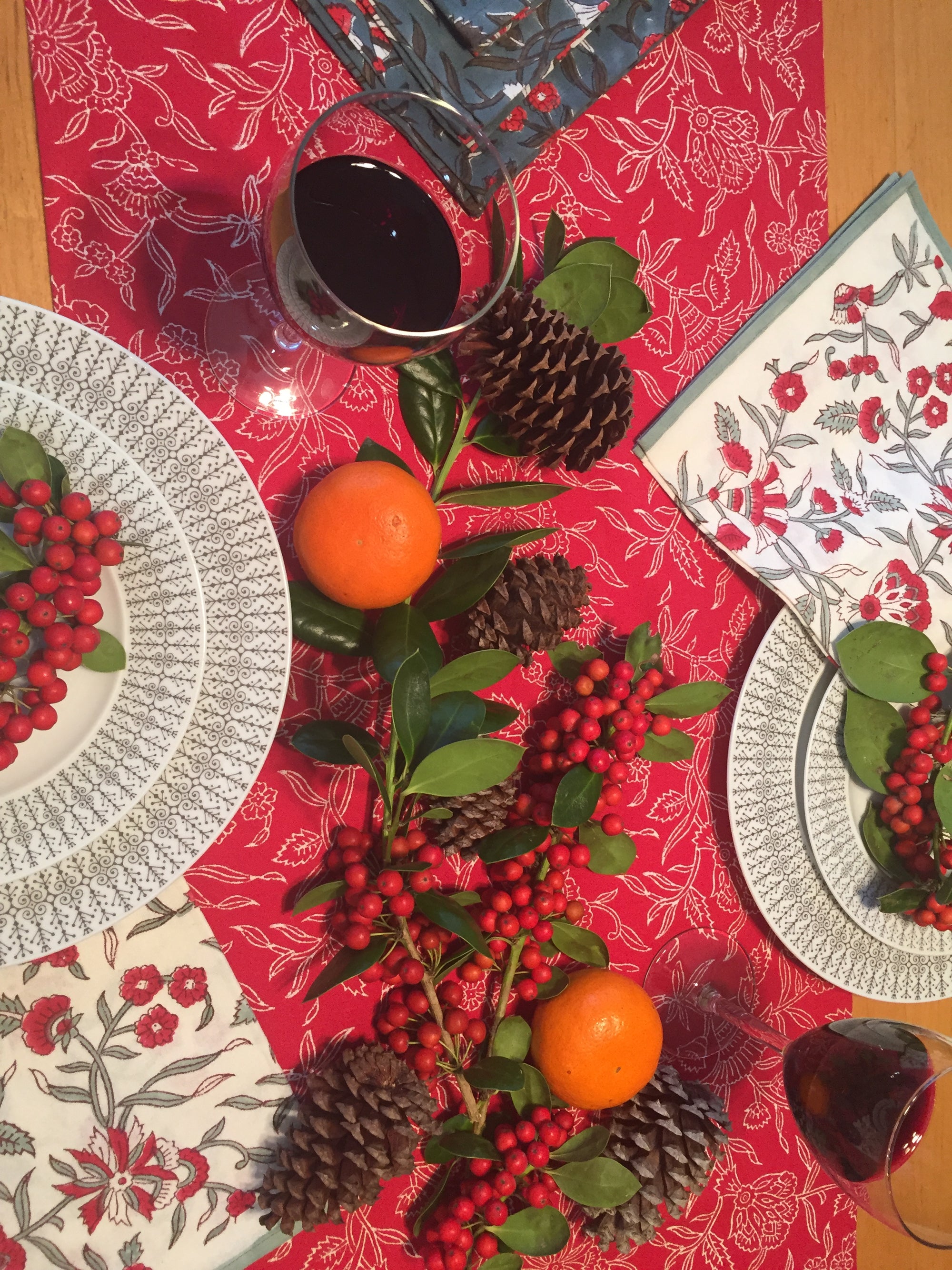 Table Runner in Holly Red Block Print