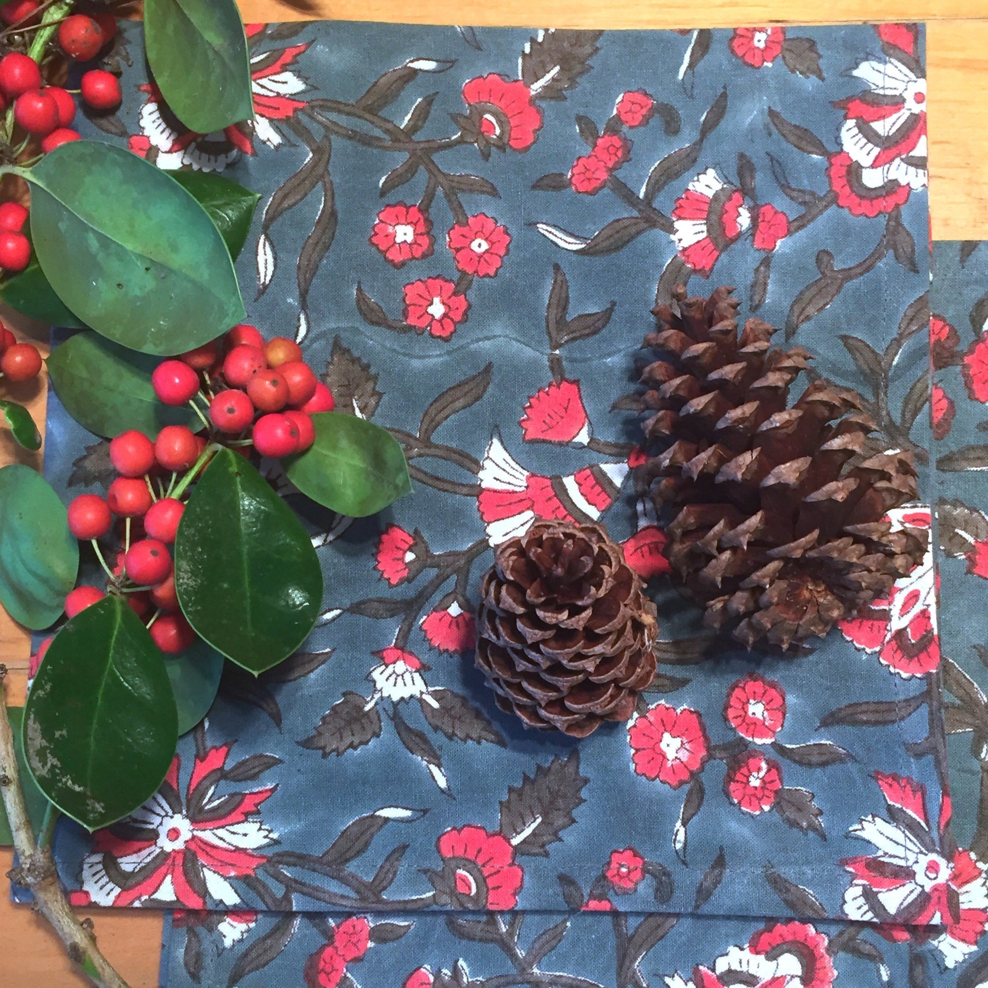 Napkin Set in Block Printed Organic Cotton - Holly Teal Print