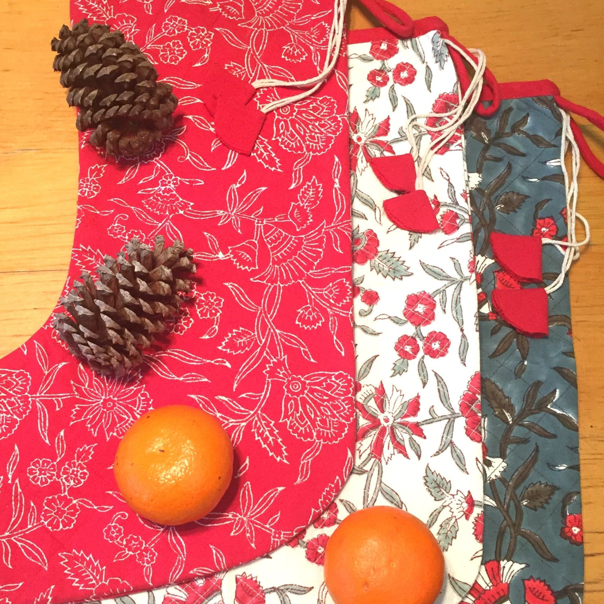 Christmas Stocking in Hand Block Holly Print Teal