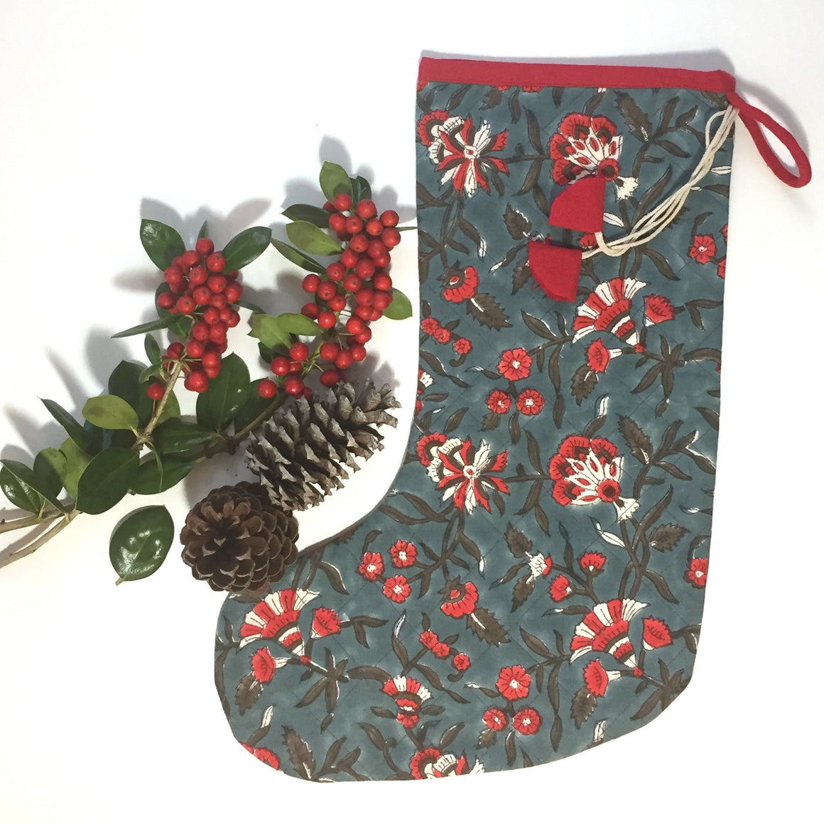 Christmas Stocking in Hand Block Holly Print Teal