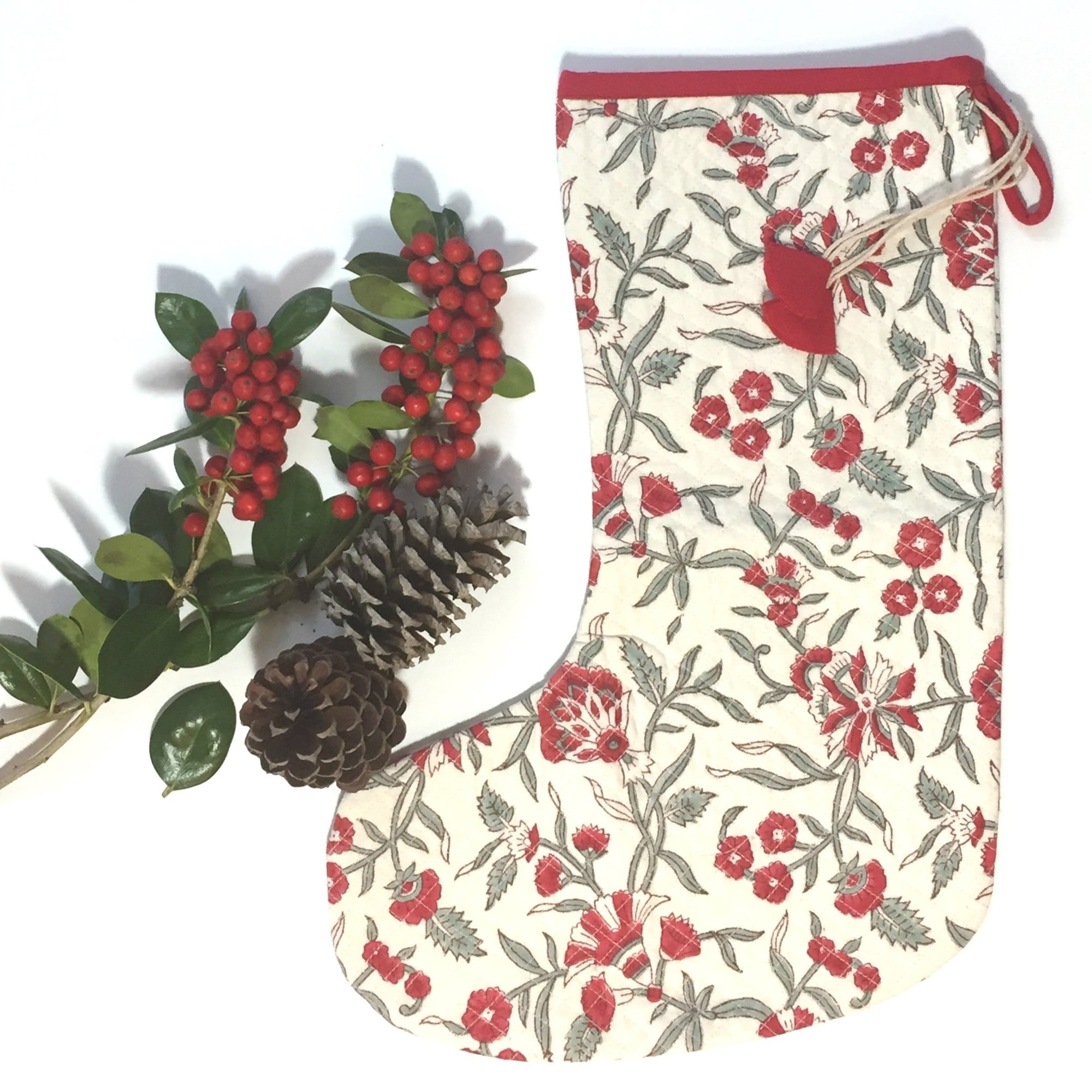 Christmas Stocking in Hand Block Holly Print