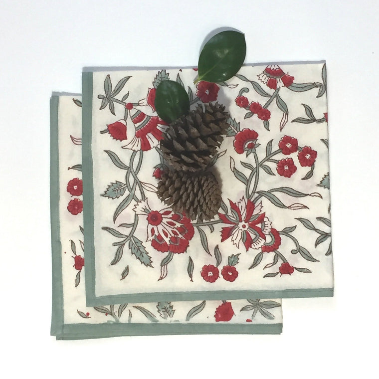 Napkin Set in Block Printed Organic Cotton -Holly Print