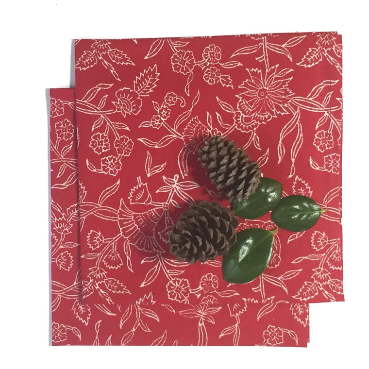Napkin Set in Block Printed Organic Cotton - Holly Red Print