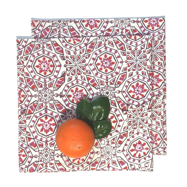 Napkin Set in Hand Block Mosaic Fuchsia Print