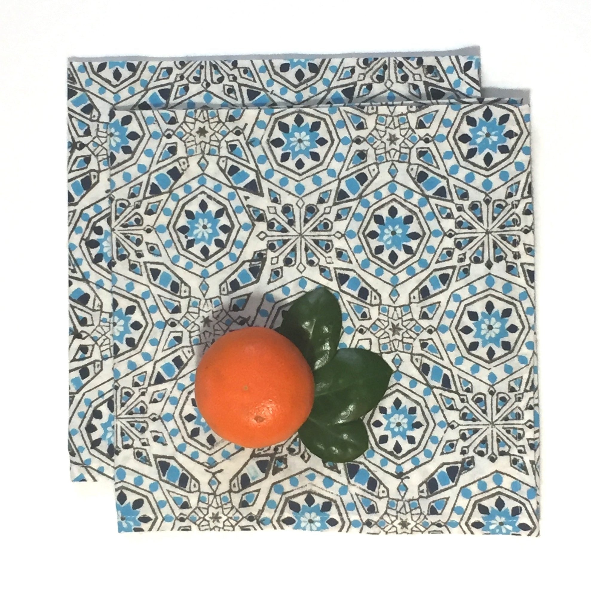 Napkin Set in Hand Block Mosaic Turquoise Print