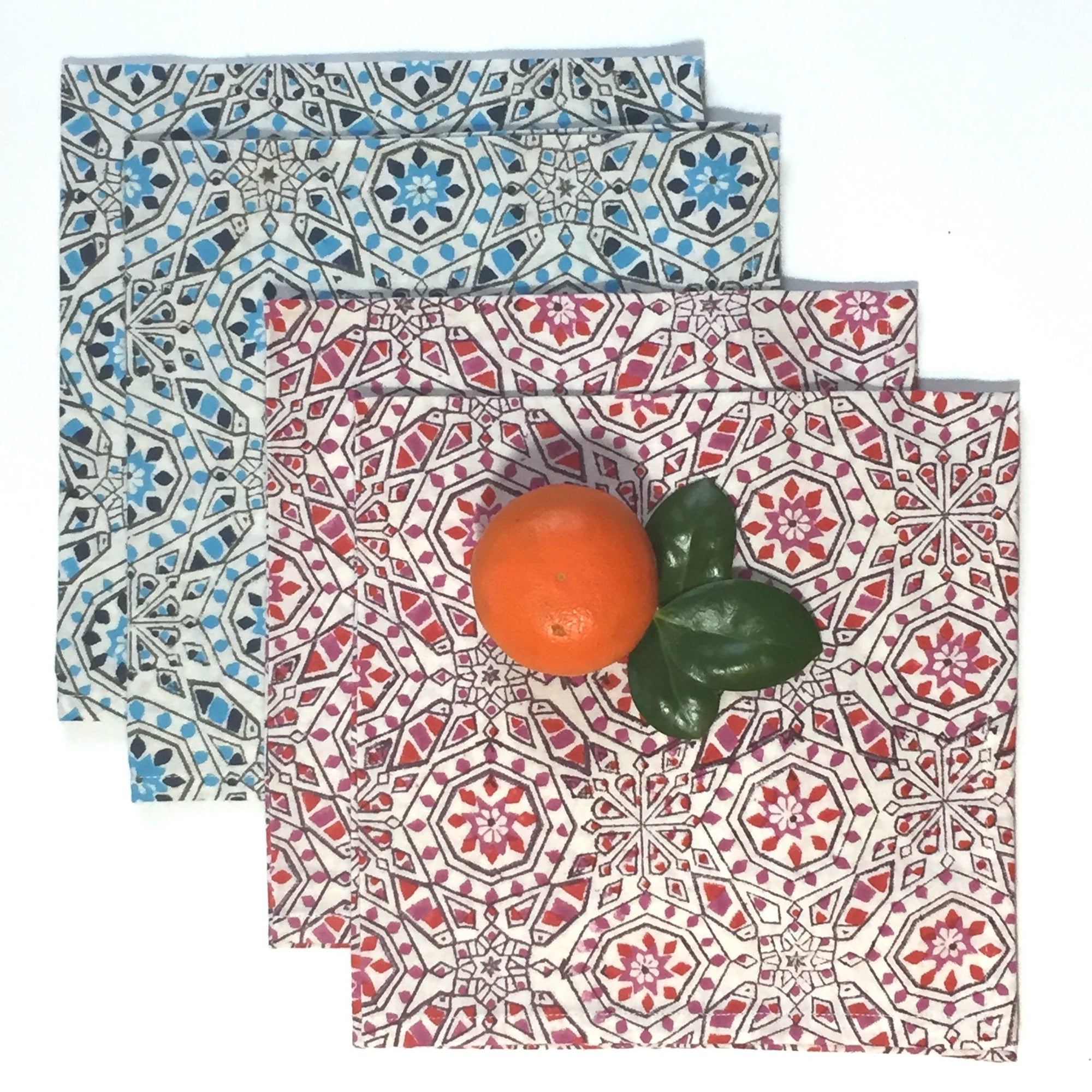 Napkin Set in Hand Block Mosaic Turquoise Print