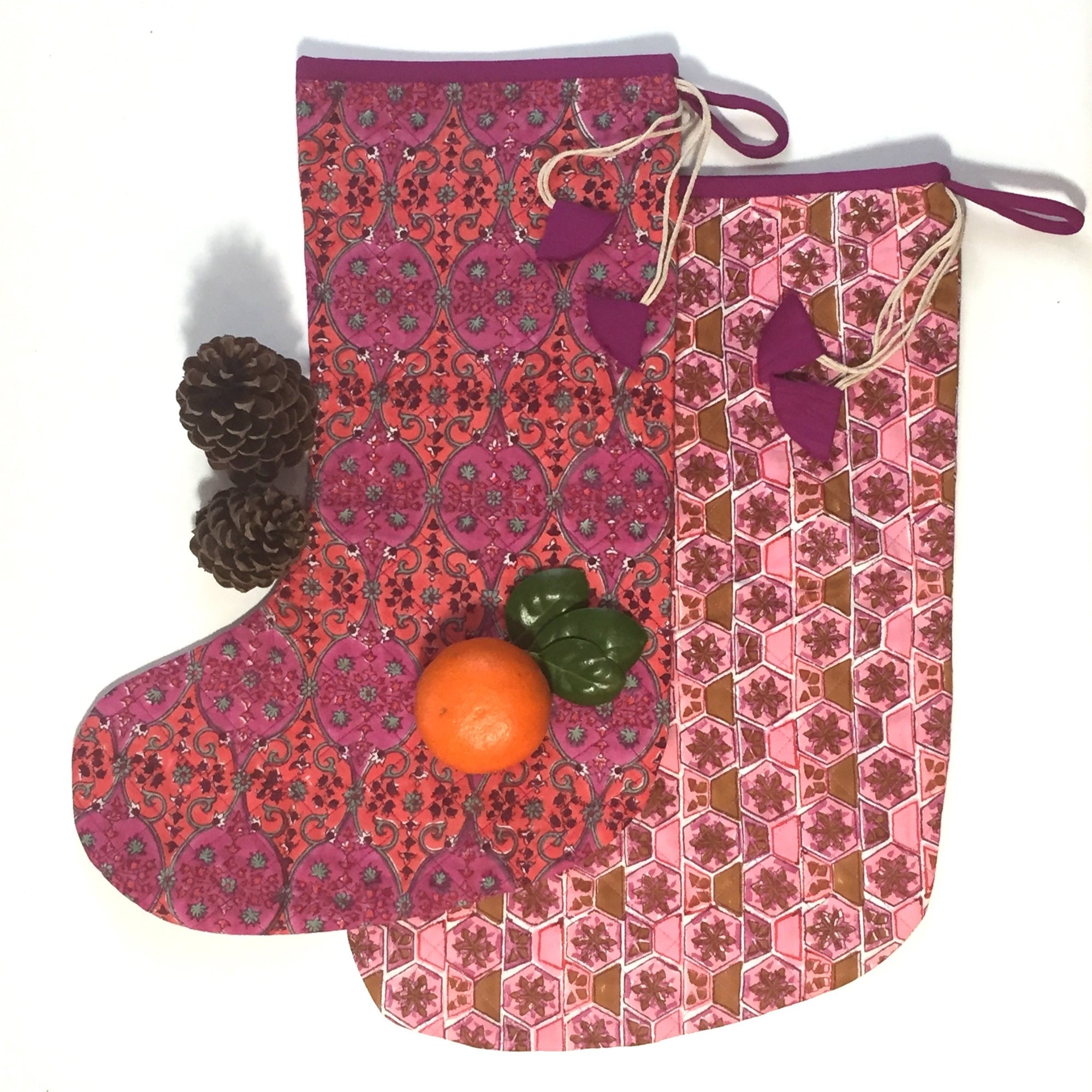 Christmas Stocking in Hand Block Arabesque Print
