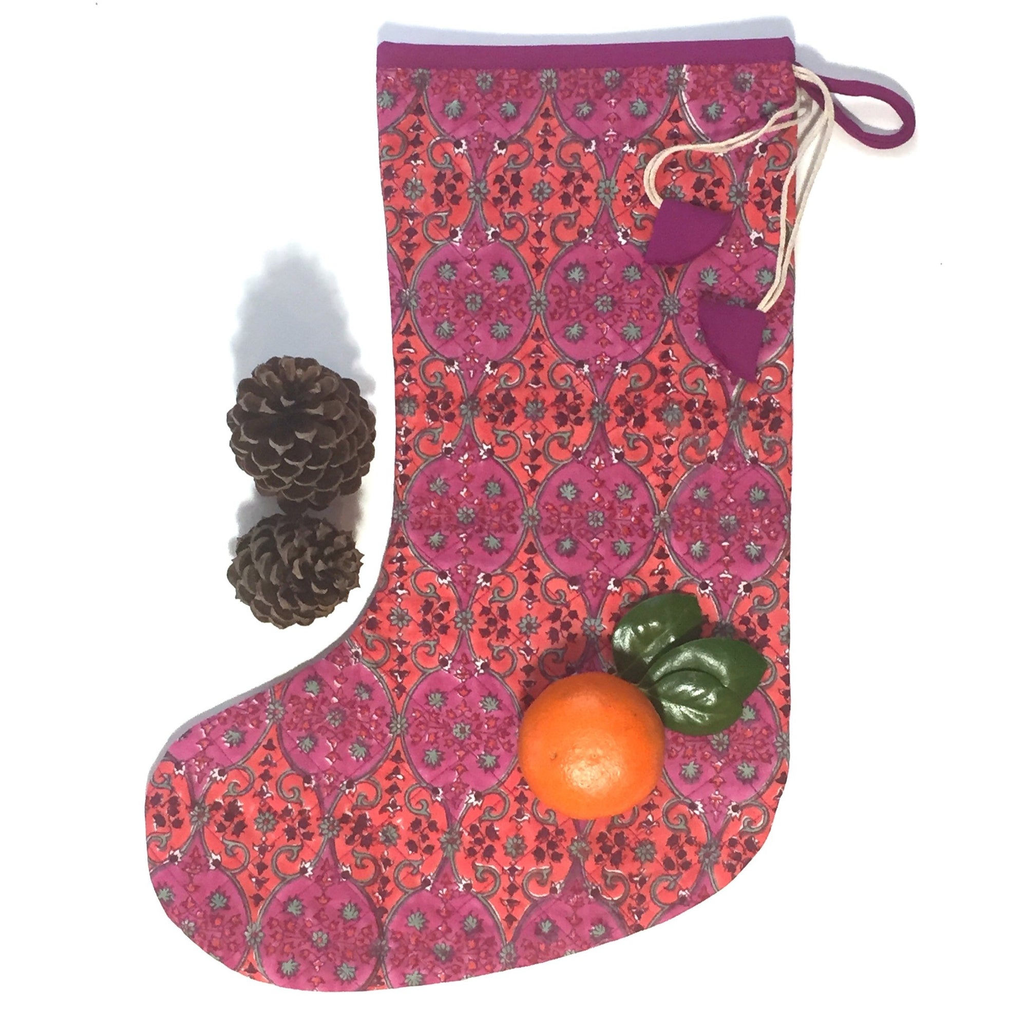 Christmas Stocking in Hand Block Arabesque Print