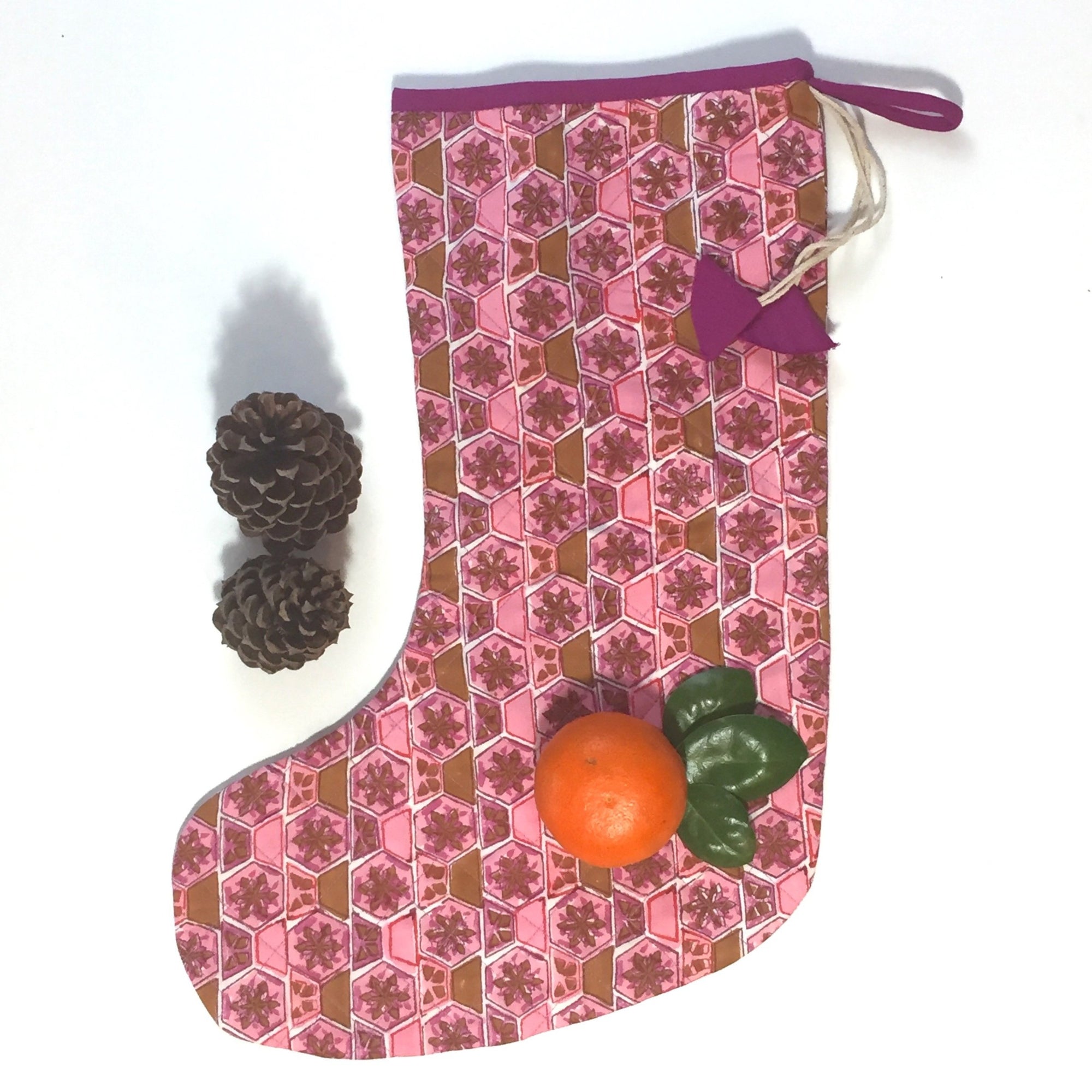 Christmas Stocking in Hand Block Honey Print