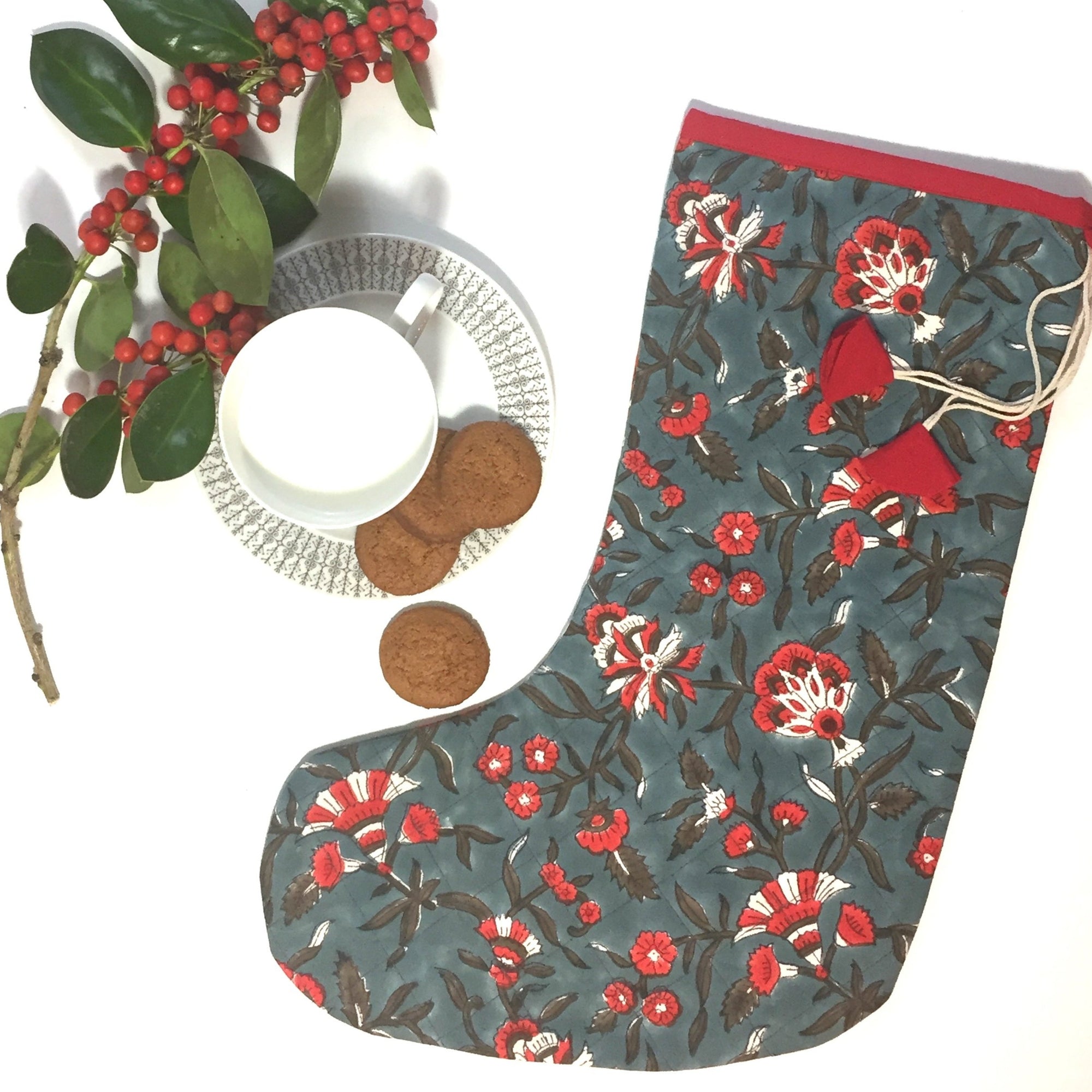 Christmas Stocking in Hand Block Holly Print Teal