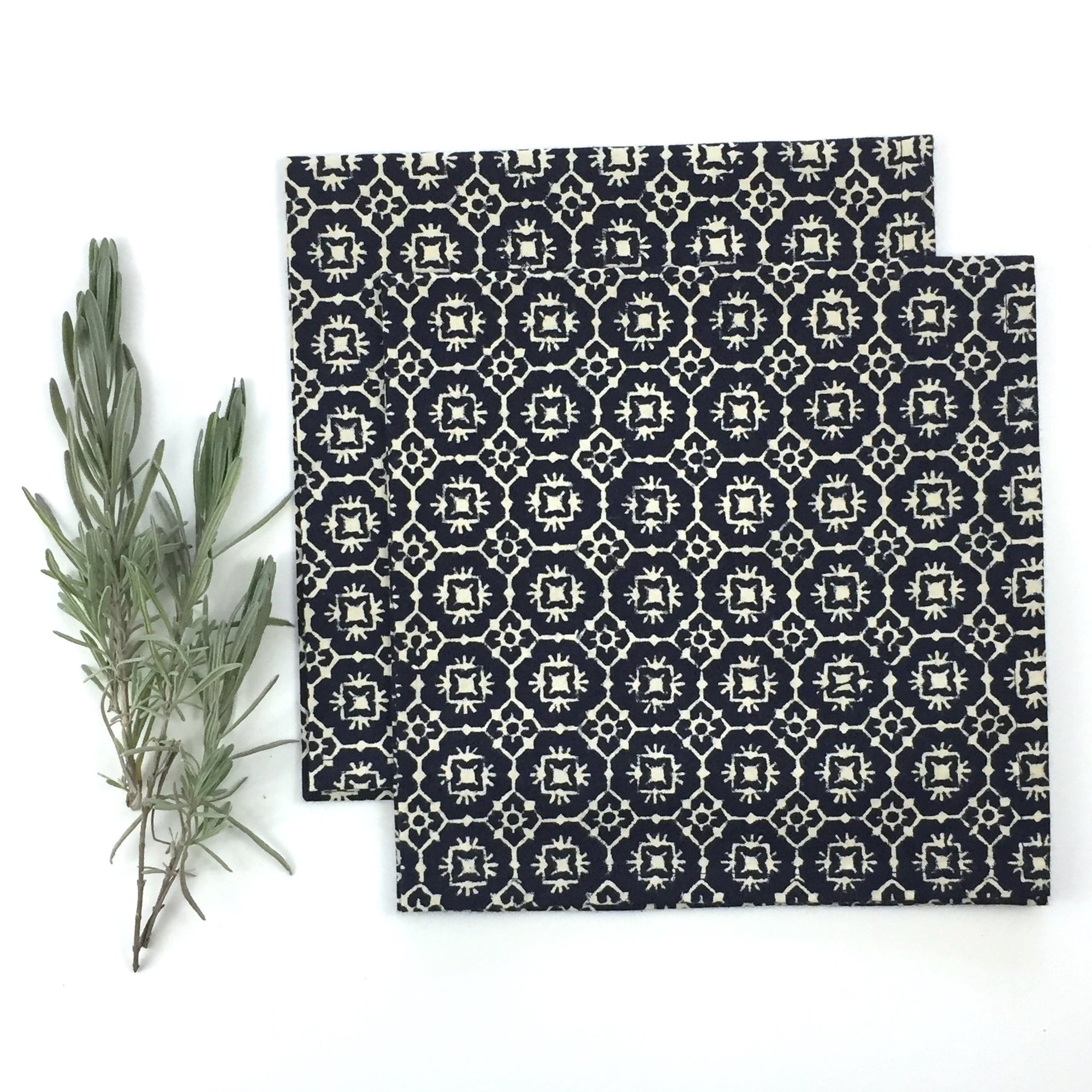 Napkin Set in Block Printed Navy Geo Print