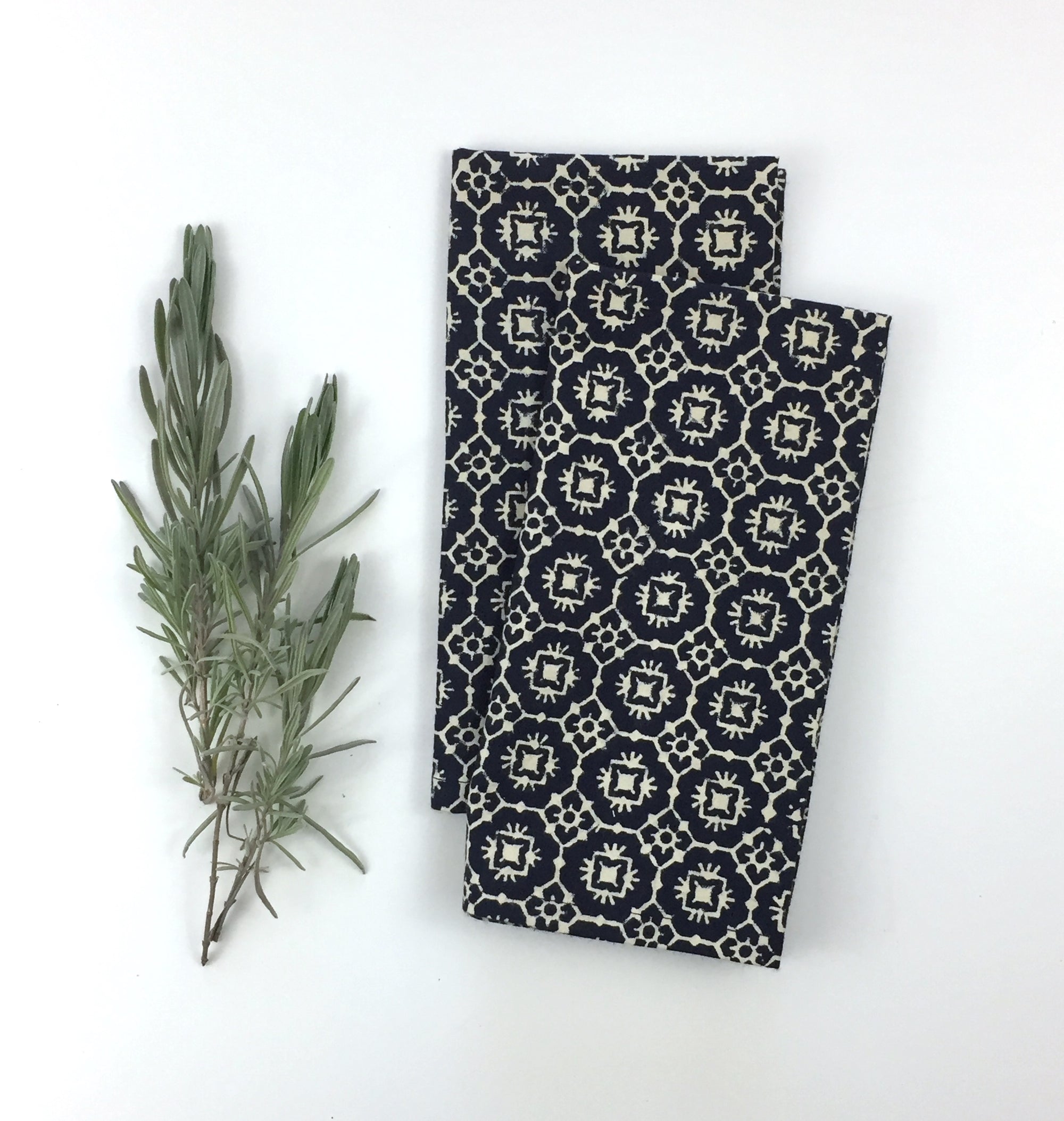 Napkin Set in Block Printed Navy Geo Print