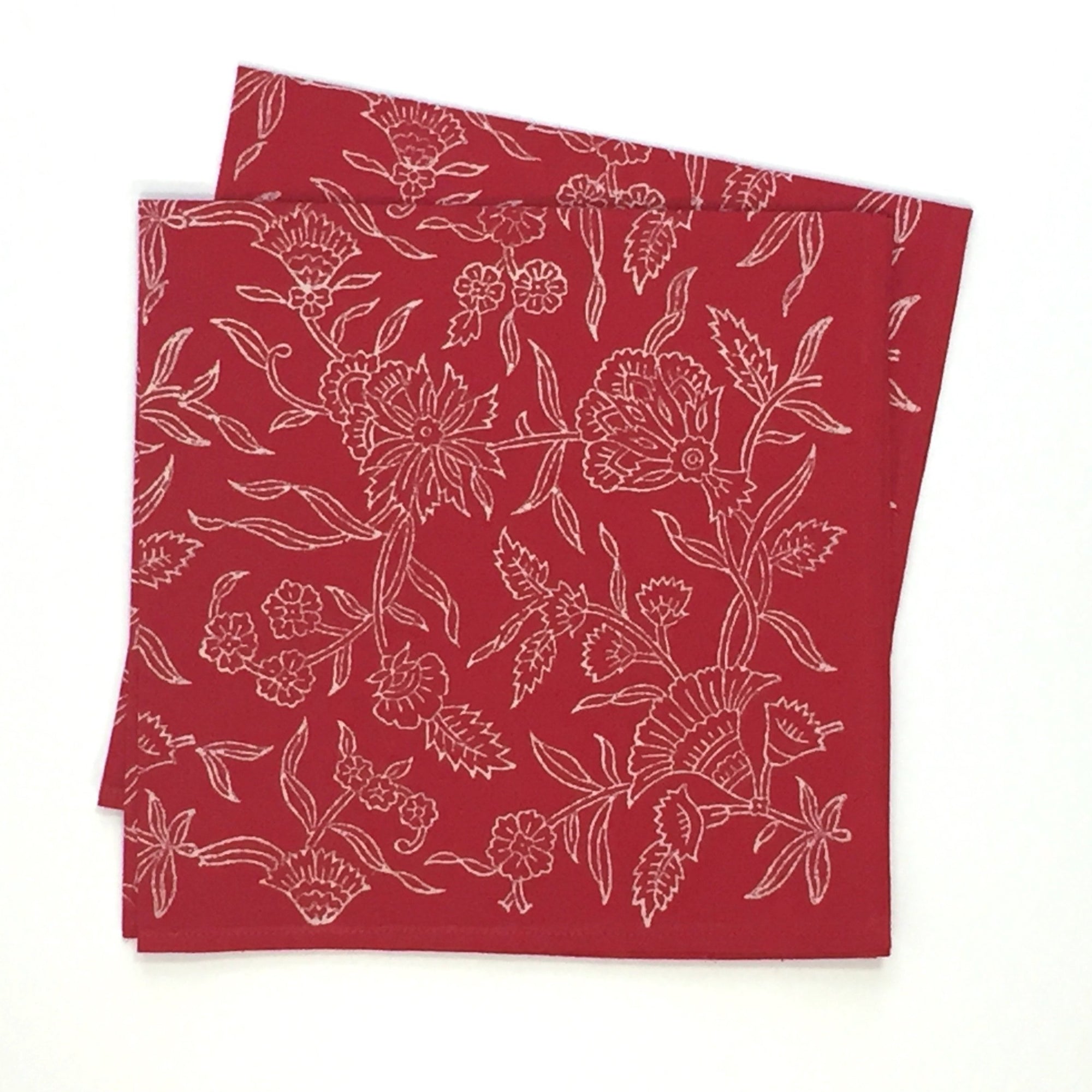 Napkin Set in Block Printed Organic Cotton - Holly Red Print