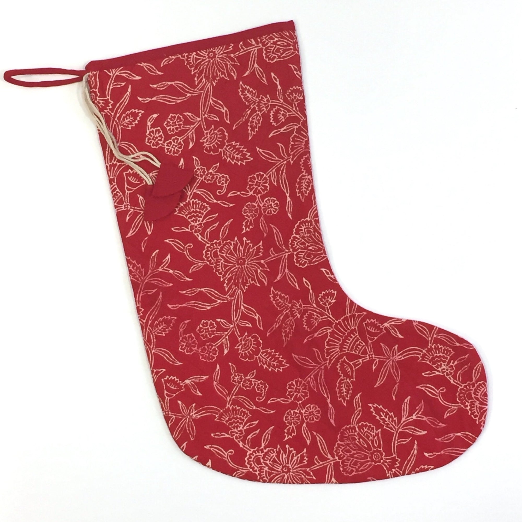 Christmas Stocking in Hand Block Holly Red Print