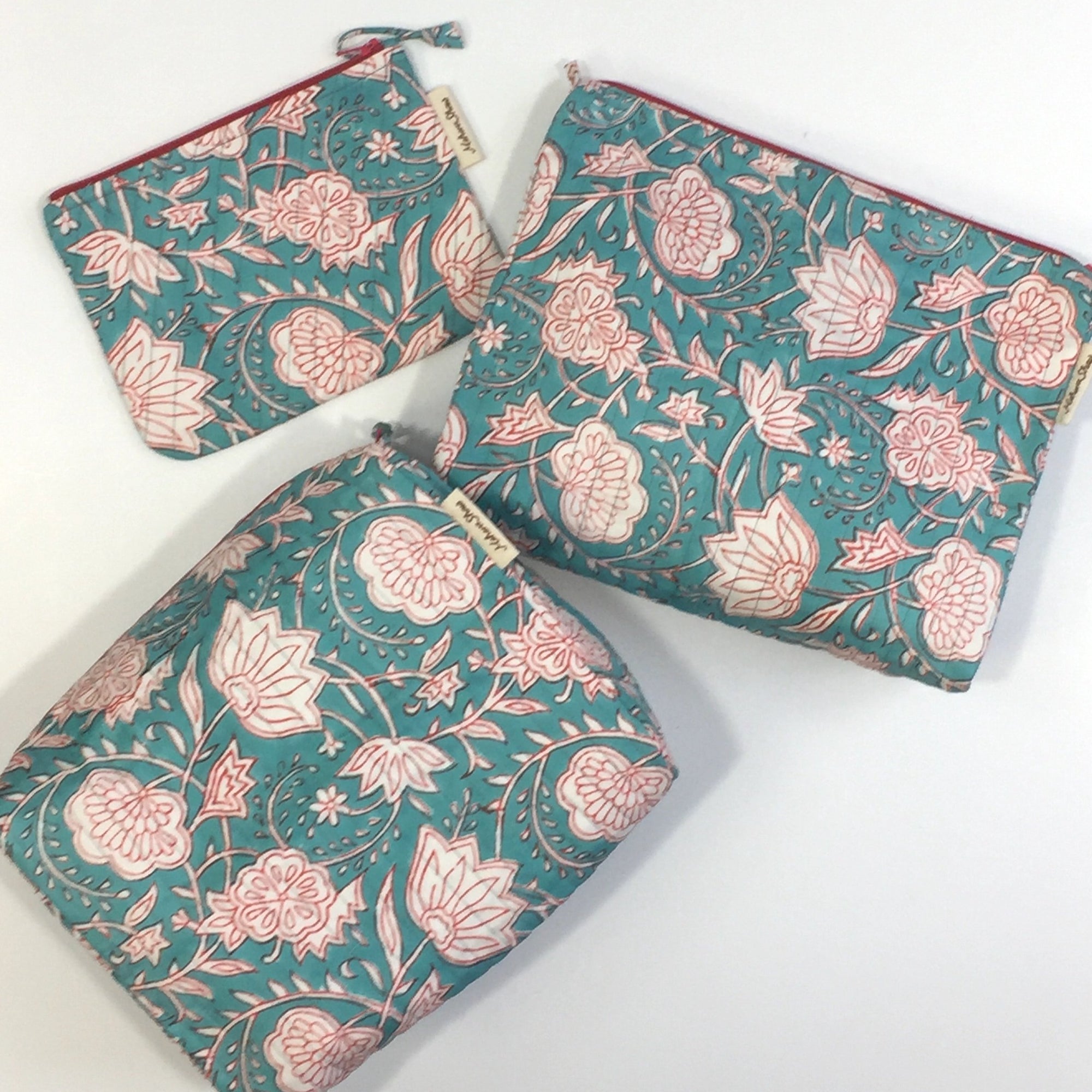 Travel Bag in Maui Turquoise Hand Block Print, Compact Size