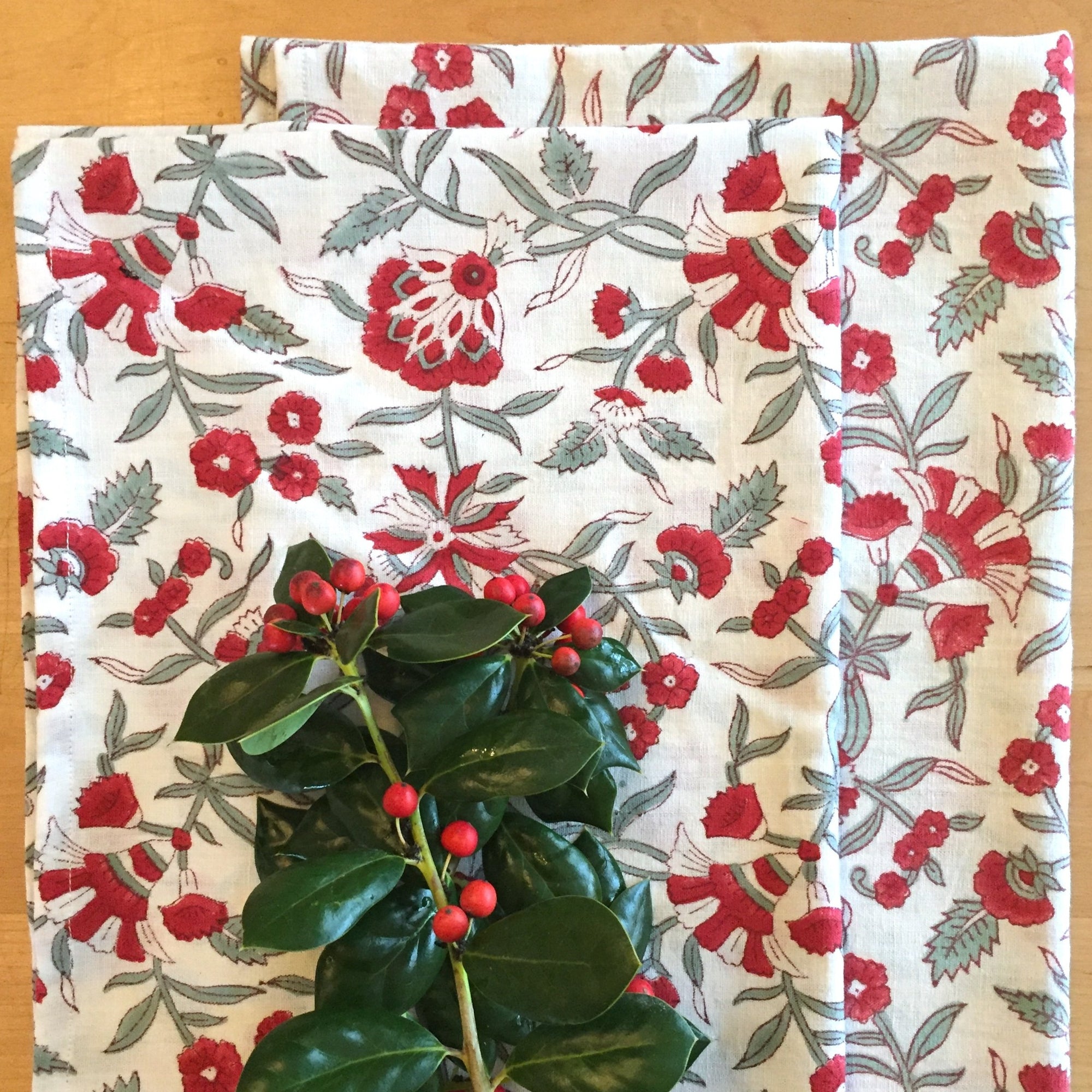 Kitchen Towels in Hand Block Printed Organic Cotton - Holly Print