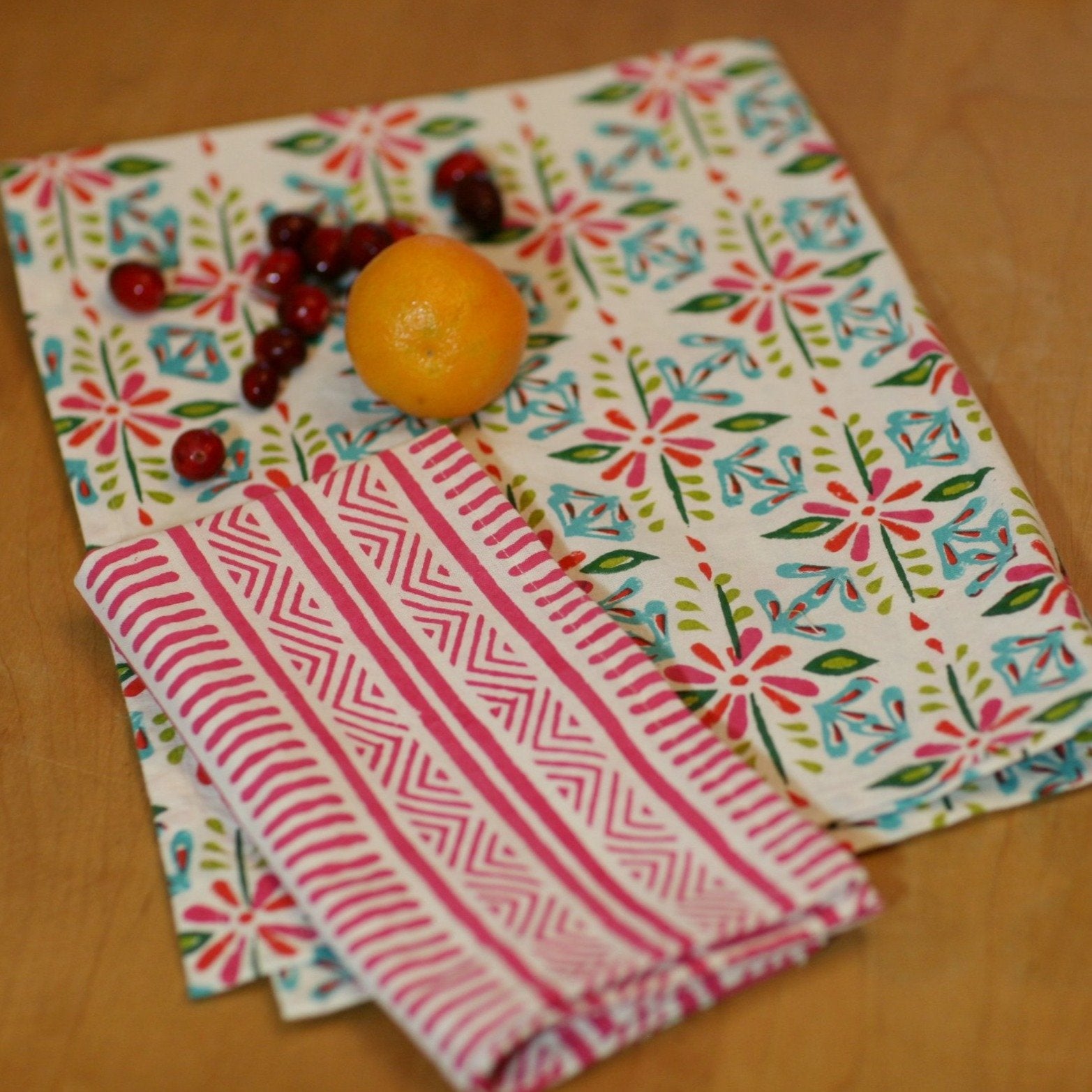 Tea Towel Set in Hand Block Festive Print