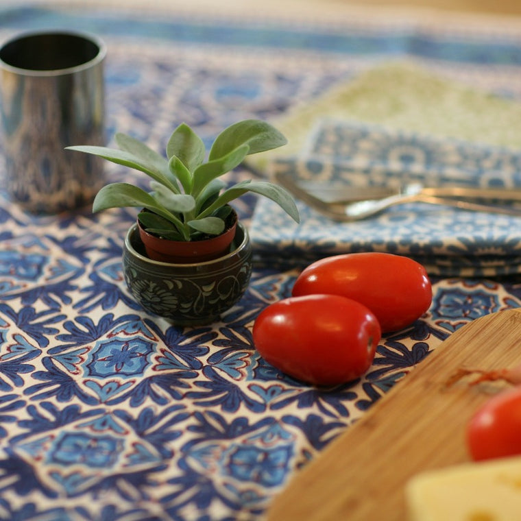 Tablecloth Square in Hand Block Printed Organic Cotton - Nambour Blues