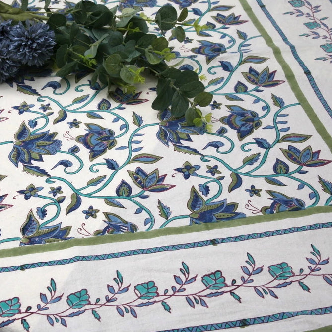 Tablecloth Square in Hand Block Printed Organic Cotton - Nambour Greens