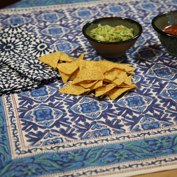 Tablecloth Square in Hand Block Printed Organic Cotton - Nambour Blues