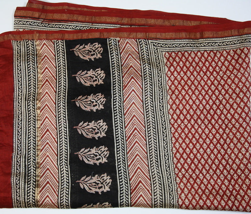 Scarf Wrap in Hand Block Printed Cotton Silk - Red Buti Print