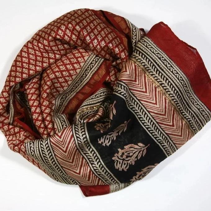 Scarf Wrap in Hand Block Printed Cotton Silk - Red Buti Print