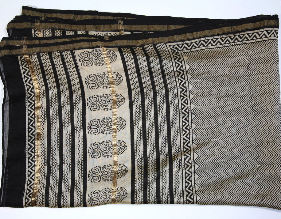 Scarf Wrap in Hand Block Printed Cotton Silk - Zig Zag Print