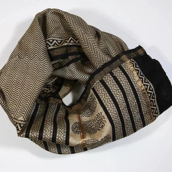 Scarf Wrap in Hand Block Printed Cotton Silk - Zig Zag Print
