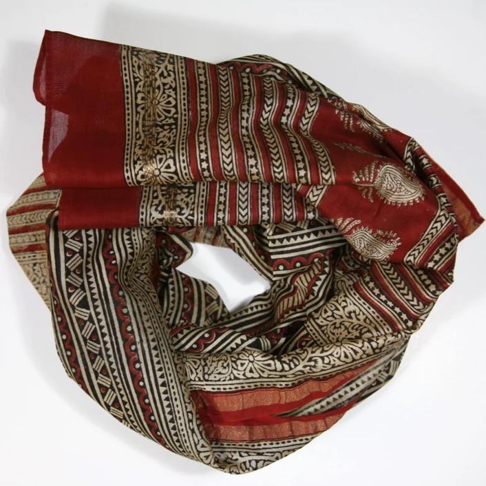 Scarf Wrap in Hand Block Printed Cotton Silk - Red Line Print