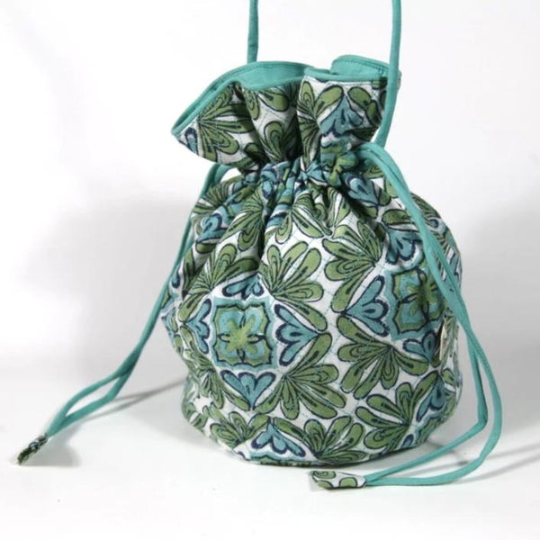Quilted Potli Bag in Lotus Turquoise Hand Block Print - Mehera Shaw