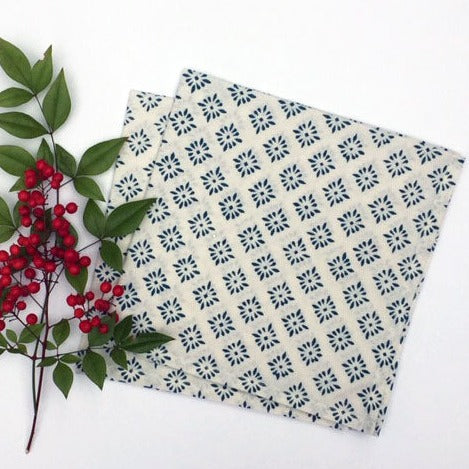 Napkin Set in Block Printed Teal Diamond Print