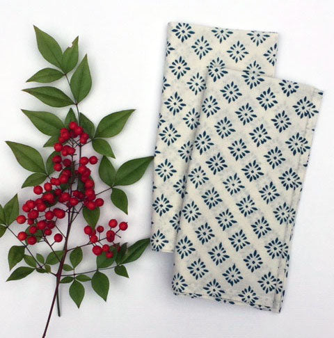 Napkin Set in Block Printed Teal Diamond Print