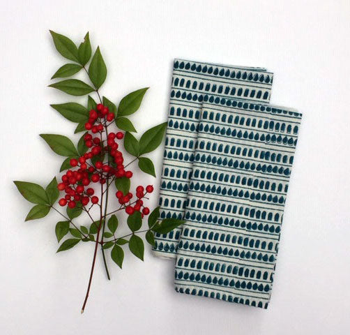 Napkin Set in Block Printed Teal Stripes