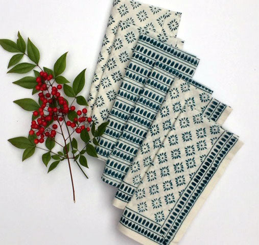 Napkin Set in Block Printed Teal Diamond Print